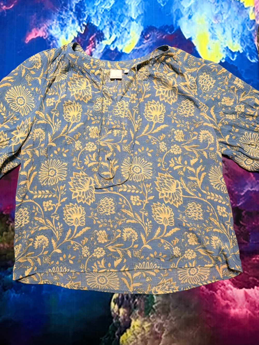 Sharagano Blue and Cream Floral Button-Up Top